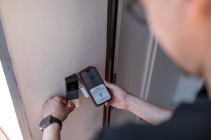 Eine Person hält ein Smartphone mit einer Entriegelungsanzeige an ein schwarzes Smartlock an einer weißen Tür.